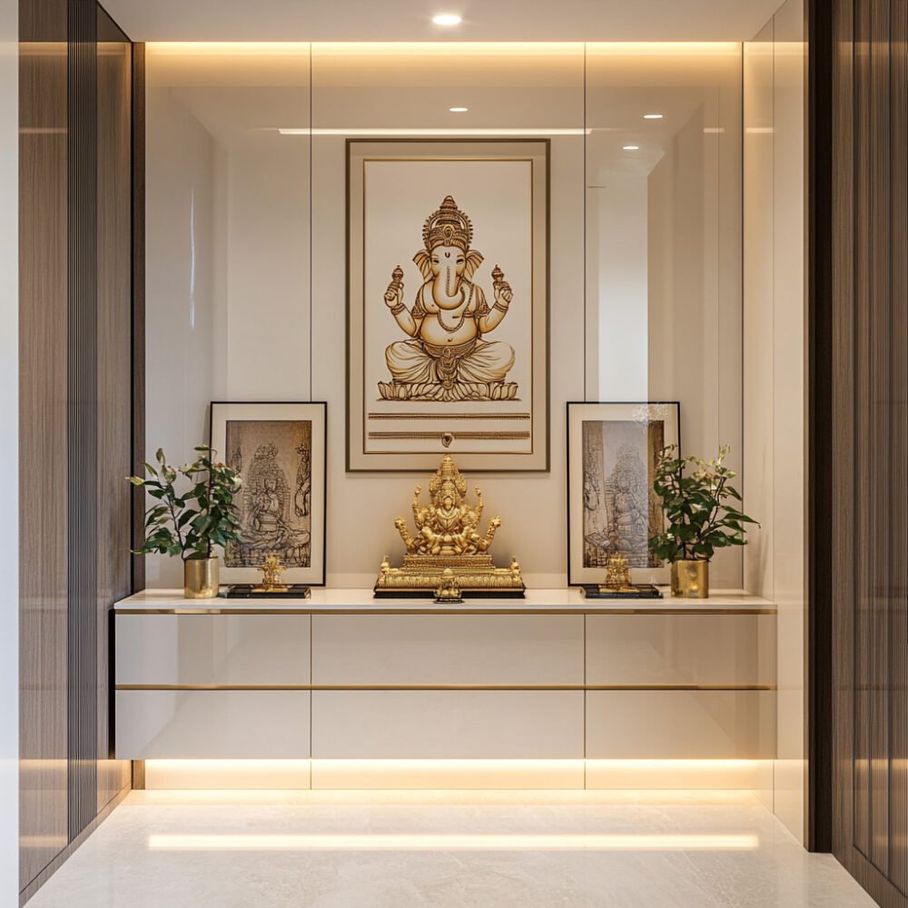 Modern White Pooja Room Design with Golden Handles