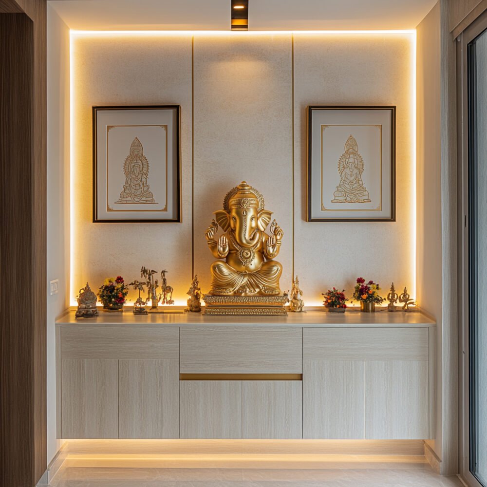 Modern Pooja Room Design in American Walnut with LED Lighting