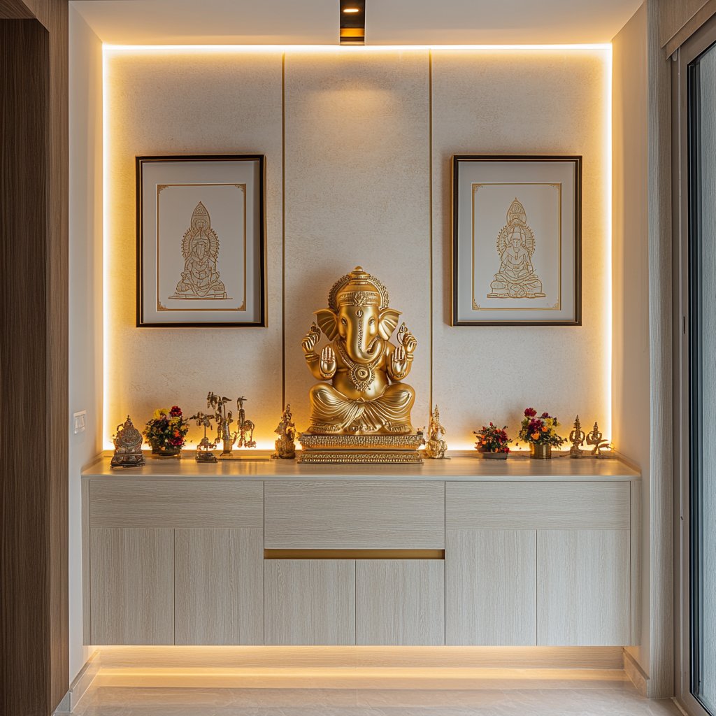 Modern Pooja Room Design in American Walnut with LED Lighting