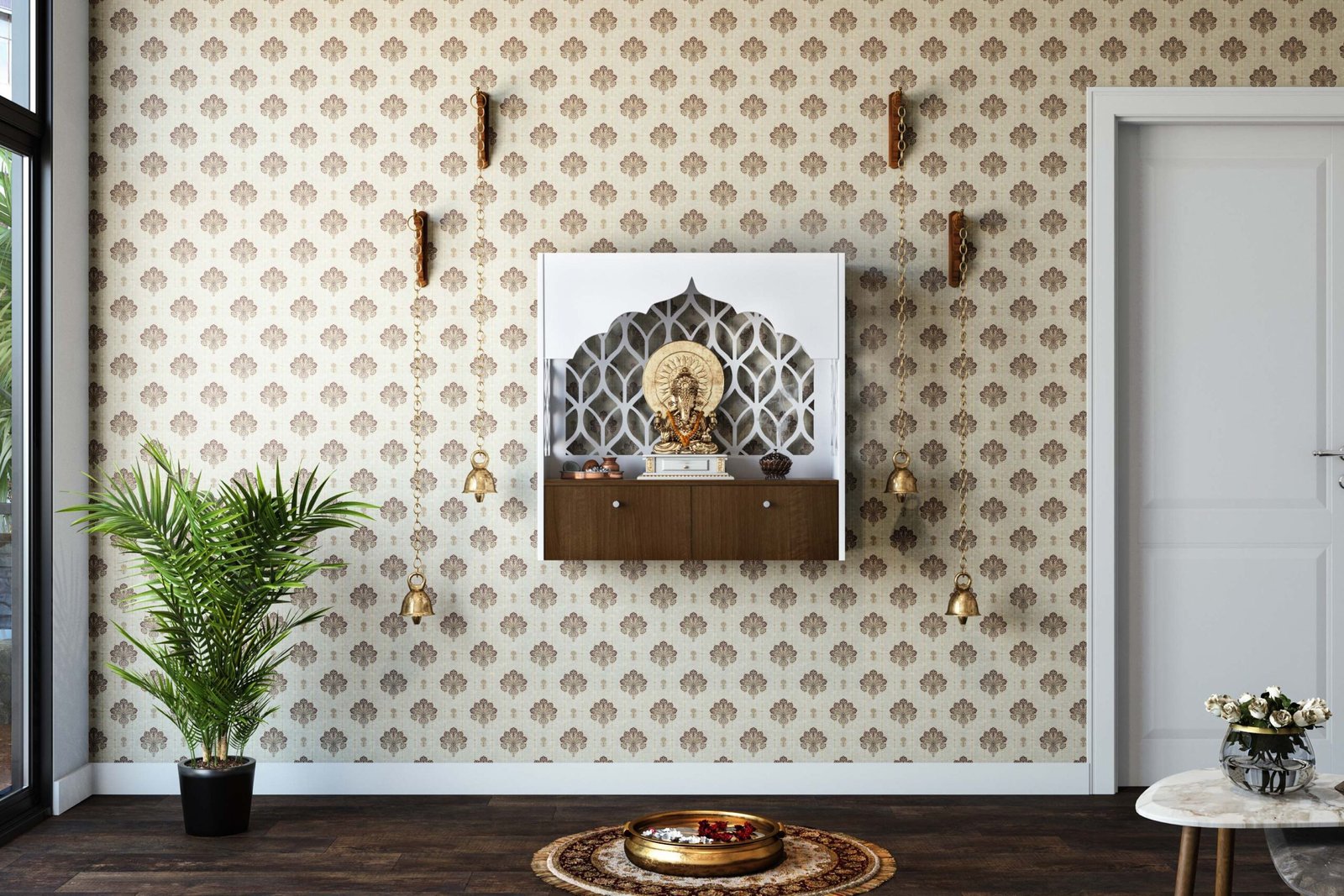 Traditional Block Motif Print Wallpaper Design in Cream and Brown Shades