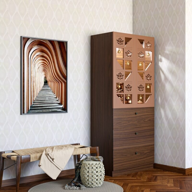 Mid Century Modern Beige Crivelli Trellis Wallpaper Design for Pooja Room