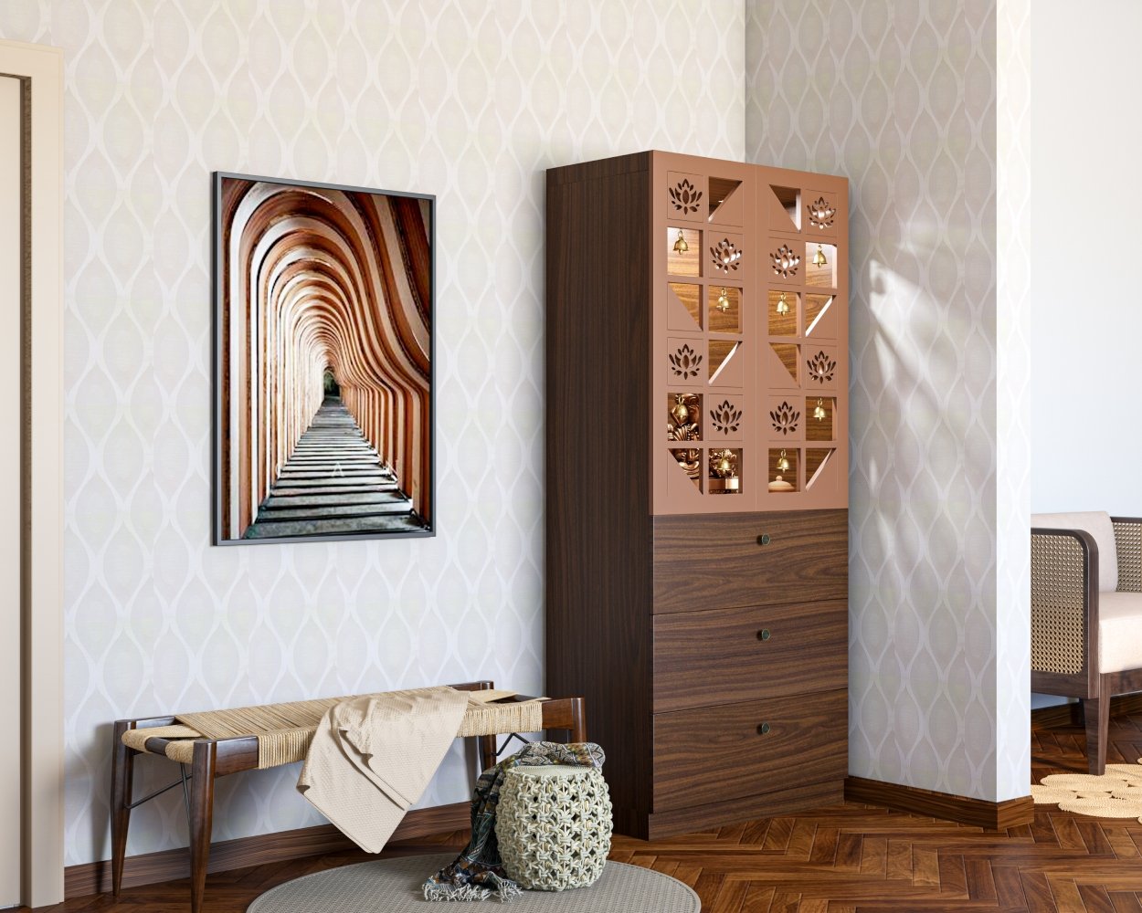Mid Century Modern Beige Crivelli Trellis Wallpaper Design for Pooja Room