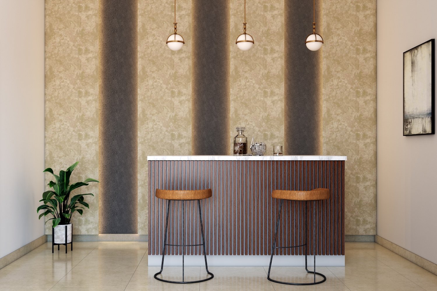 Modern Beige and Black Wall Panels Wall Design with Cove Lighting