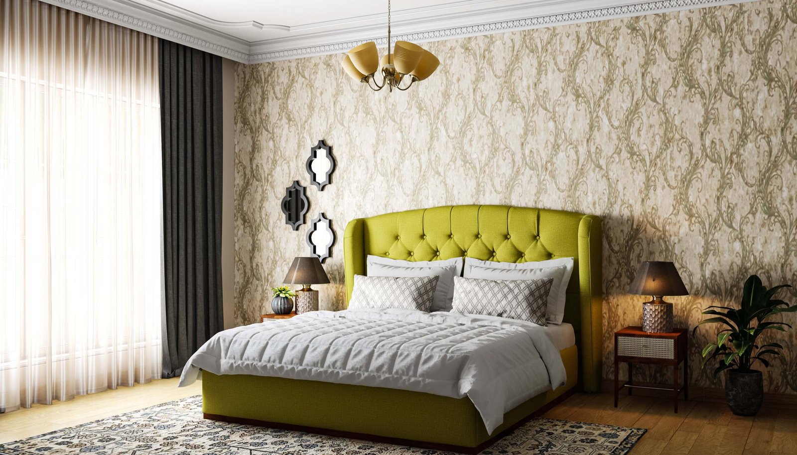 Classic Baroque-Inspired Wallpaper Design with Olive Vine Pattern