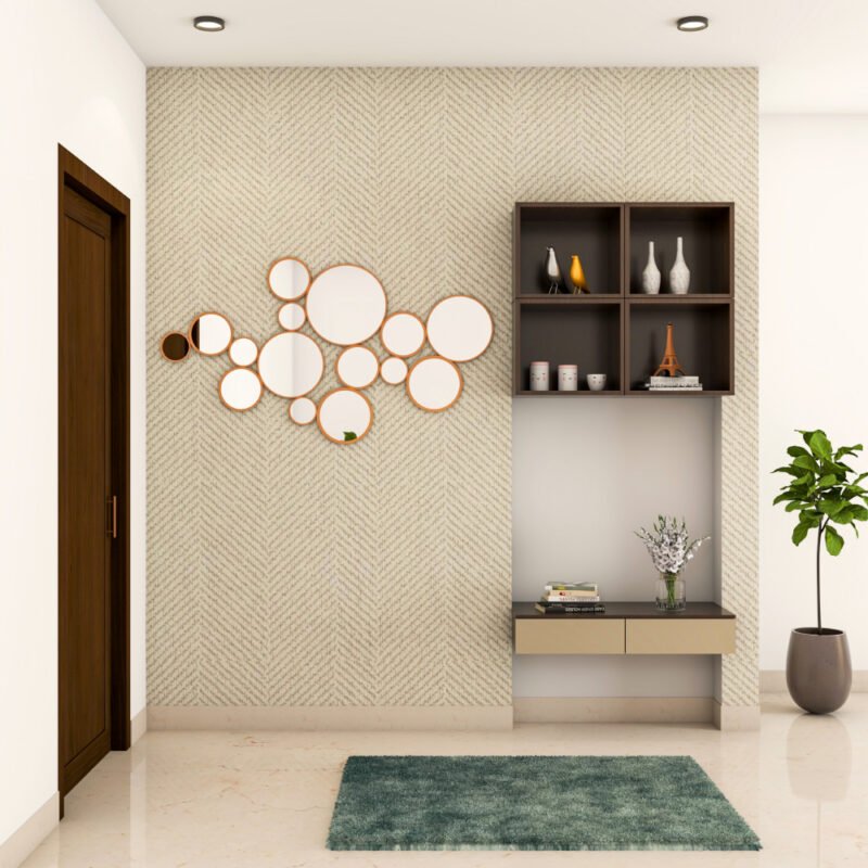 Modern Beige And White Diagonal-Patterned Foyer Wallpaper Design