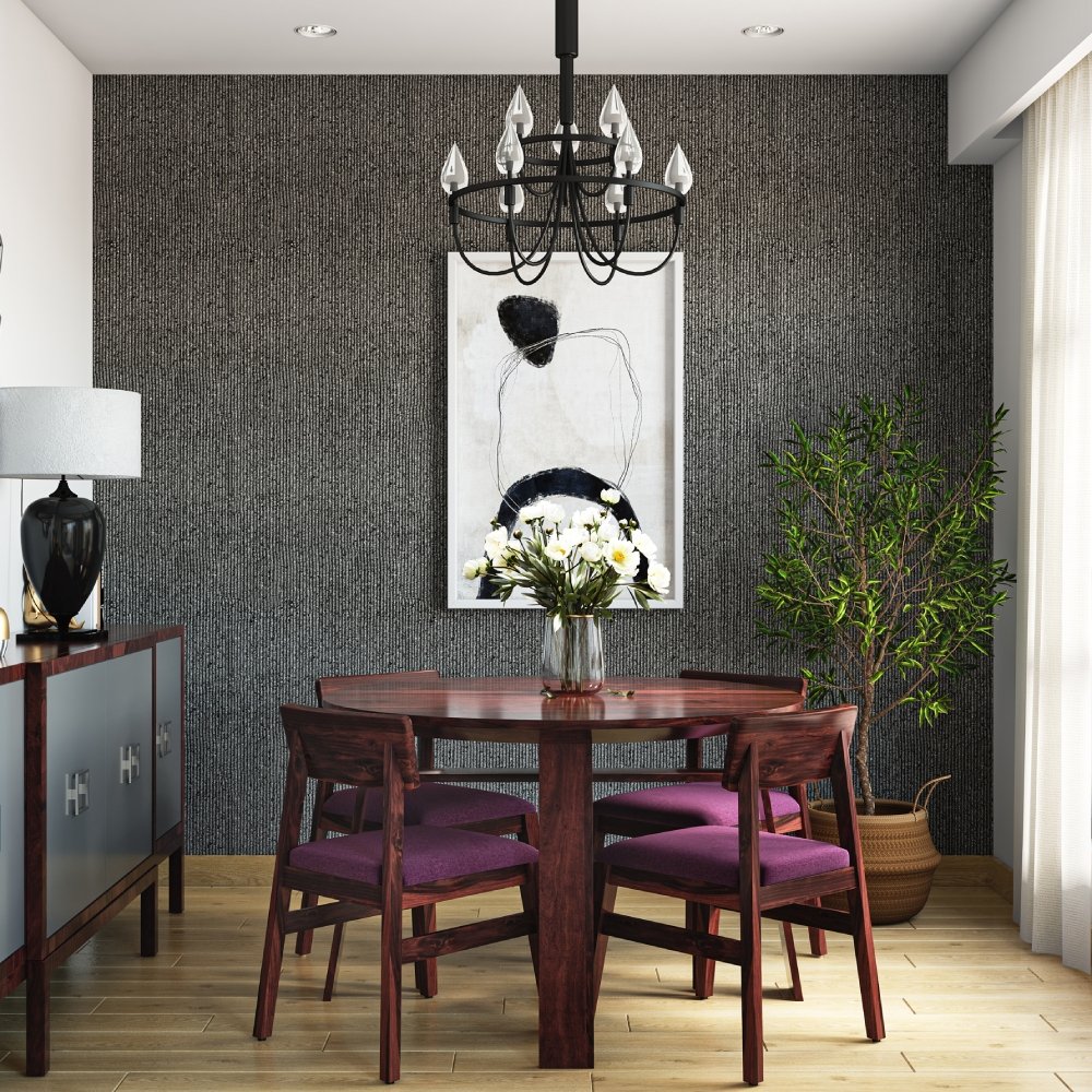Mid-Century Modern Dark Grey And White Dining Room Wallpaper Design