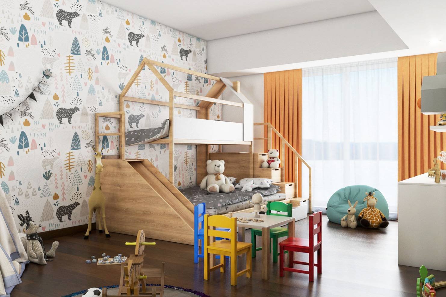 Modern Colourful Nature-Themed Bedroom Wallpaper Design For Kids