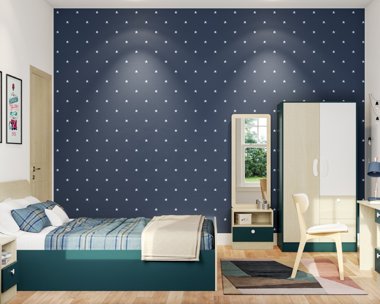 Blue and White Modern Star Wallpaper Design for Bedroom
