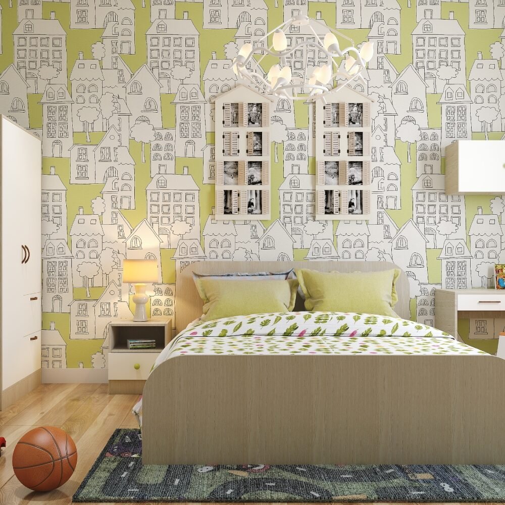 Modern Doodle Art Wallpaper Design in Green and White for Kids? Bedroom