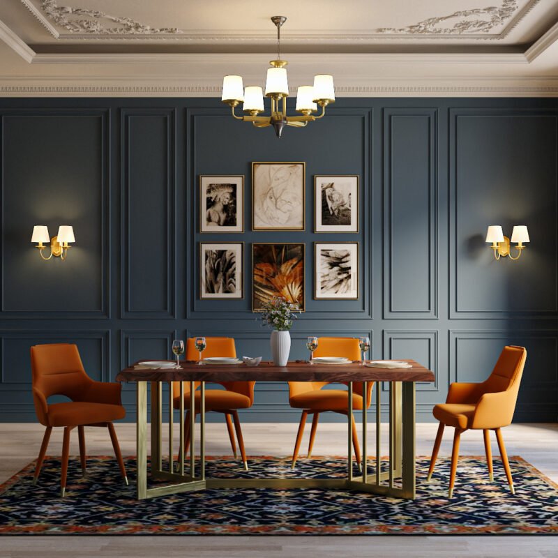 Classic Matte Slate Blue Wall Paint Design with Gold Accents and Moulding