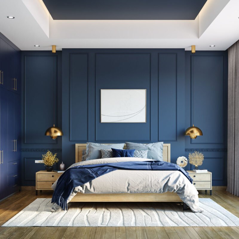 Deep Navy Blue Wall Paint Design for Living Room