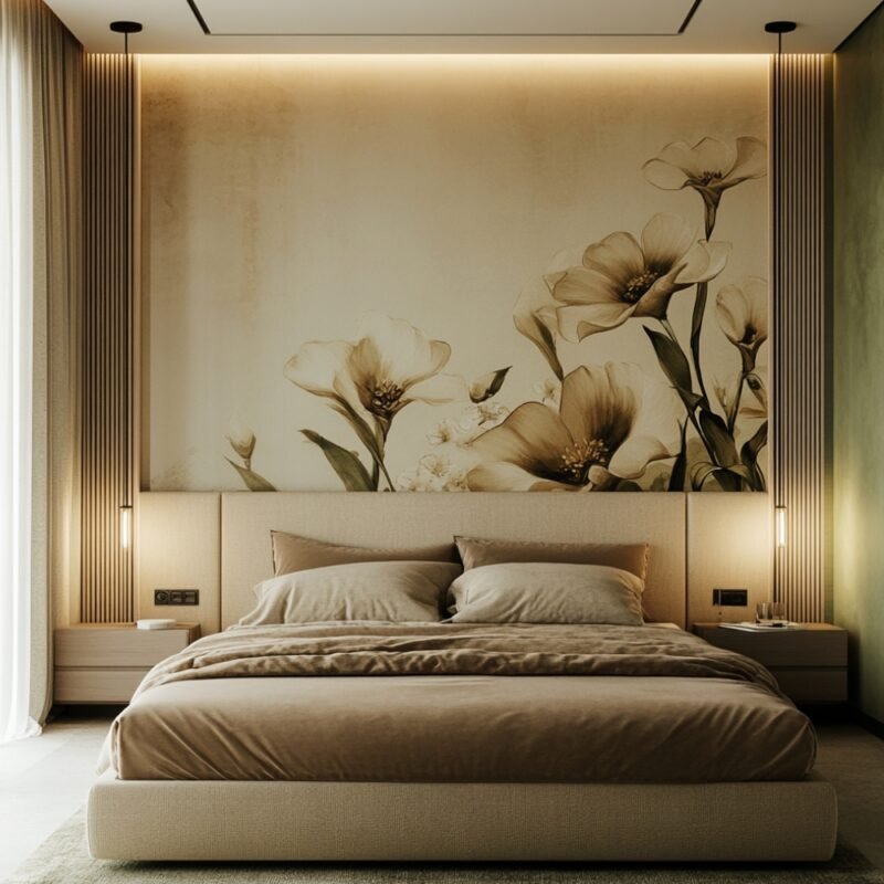 Contemporary Cream Floral Wallpaper Design for Bedroom