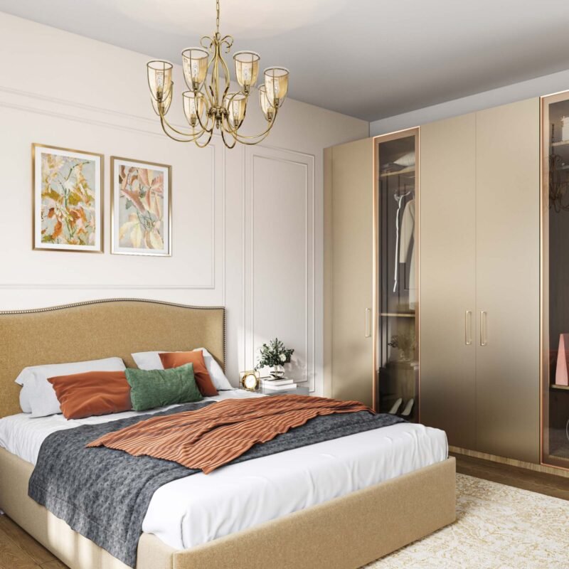 Modern 6-Door Swing Wardrobe Design in Irish Cream with Glass Display