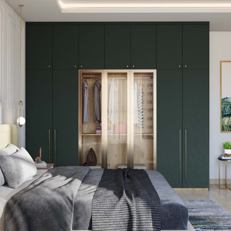 Contemporary 7-Door Swing Wardrobe Design in Dark Green Suede Laminate
