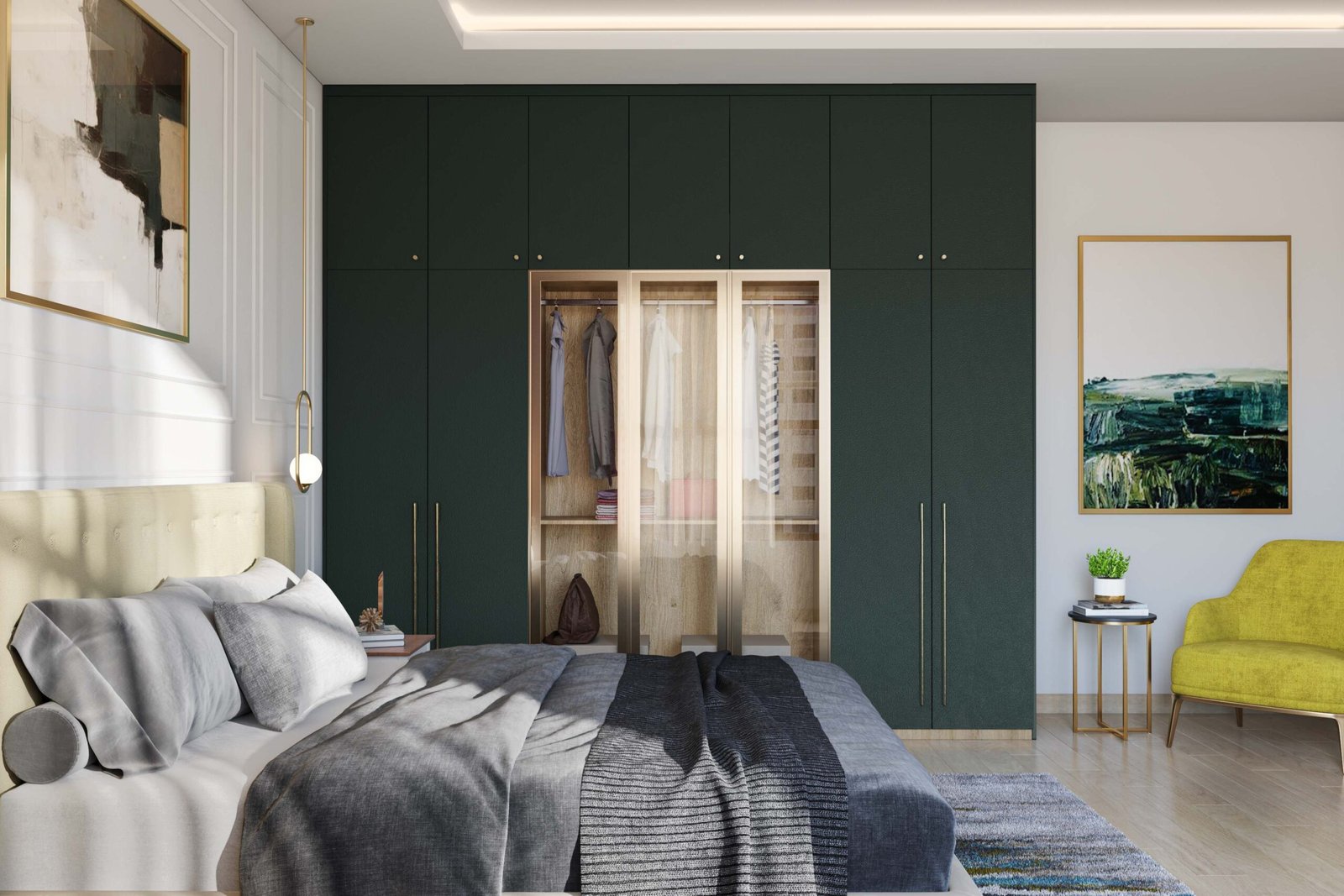 Contemporary 7-Door Swing Wardrobe Design in Dark Green Suede Laminate