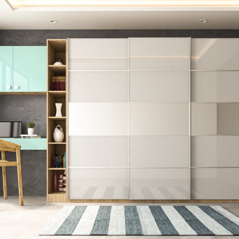 Contemporary Sliding Wardrobe Design in White and Oak Finish