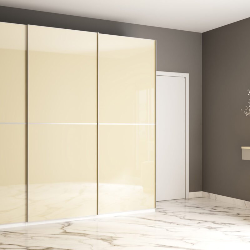3-Door Champagne Sliding Wardrobe Design in High Gloss Finish