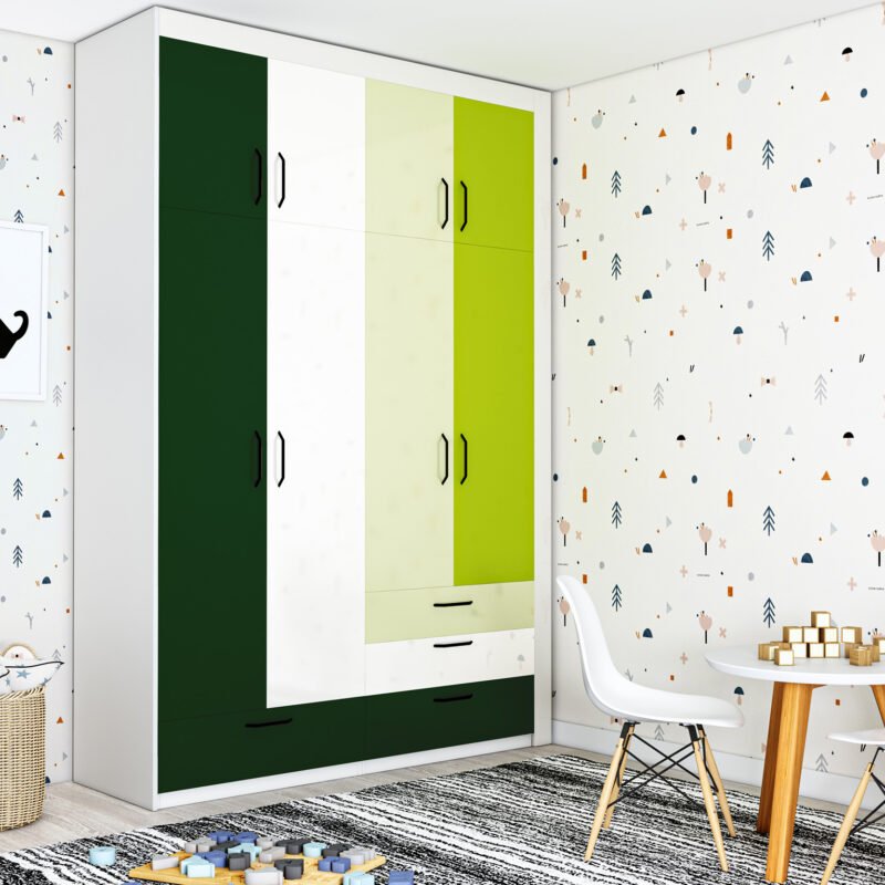4-Door Contemporary Colour Block Swing Wardrobe Design in Suede Finish