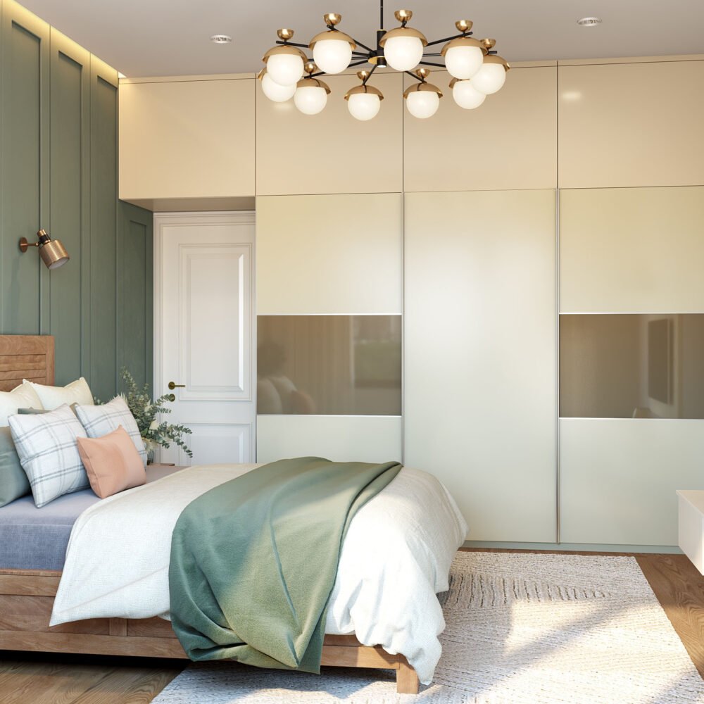 Contemporary 3-Door Sliding Wardrobe Design in Champagne and Ivory Finish