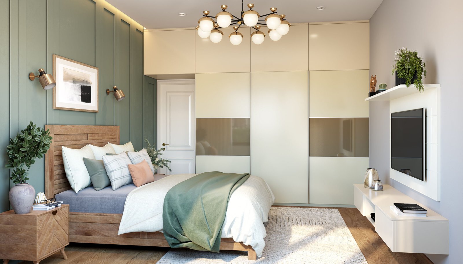 Contemporary 3-Door Sliding Wardrobe Design in Champagne and Ivory Finish