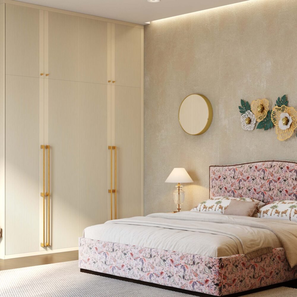 Cream Matte Modern Swing Wardrobe Design with Loft Storage