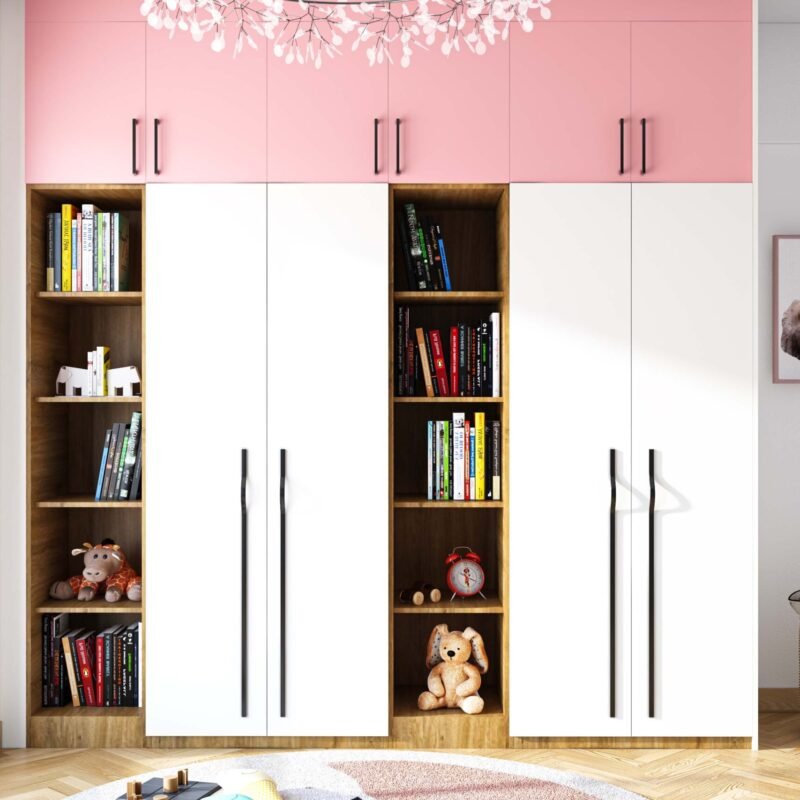 4-door Contemporary Swing Wardrobe Design with Open Shelves