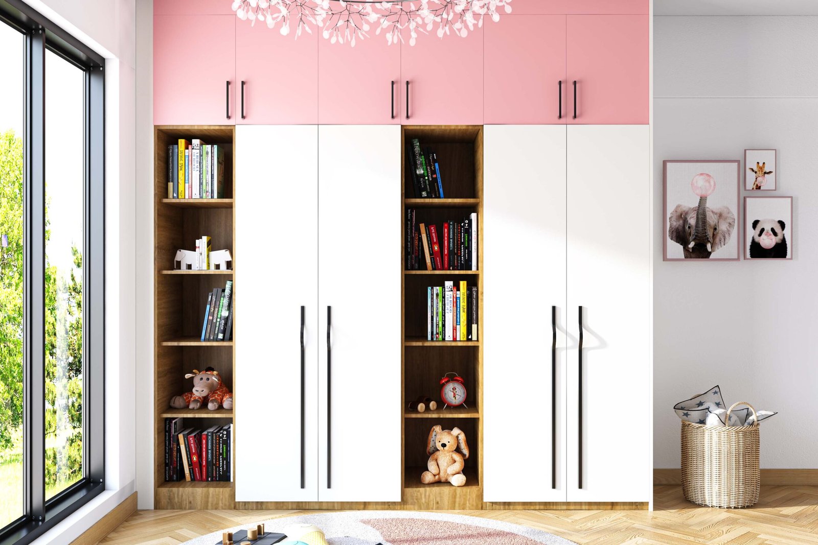 4-door Contemporary Swing Wardrobe Design with Open Shelves