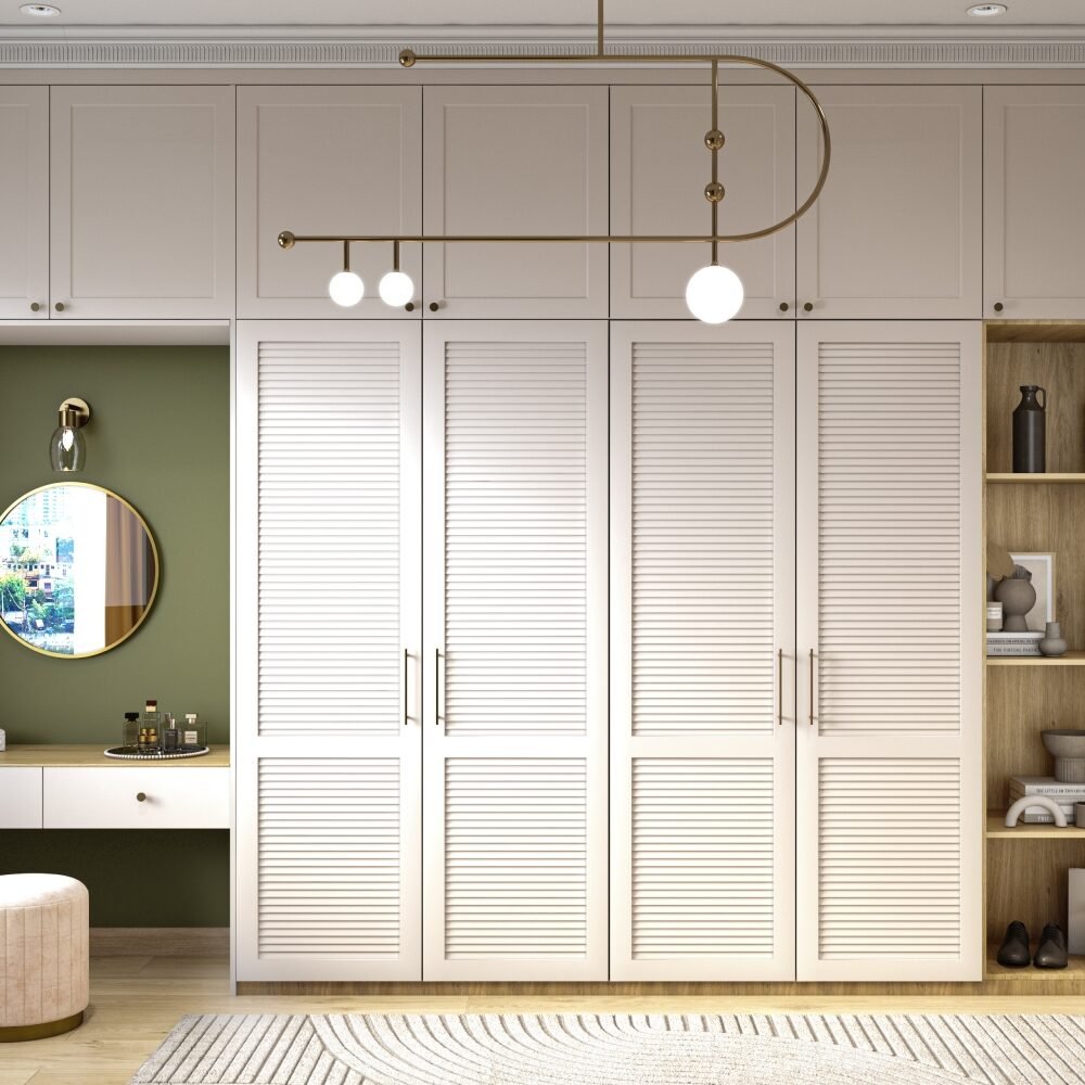 Contemporary 4-Door Swing Wardrobe Design with Louvered Doors