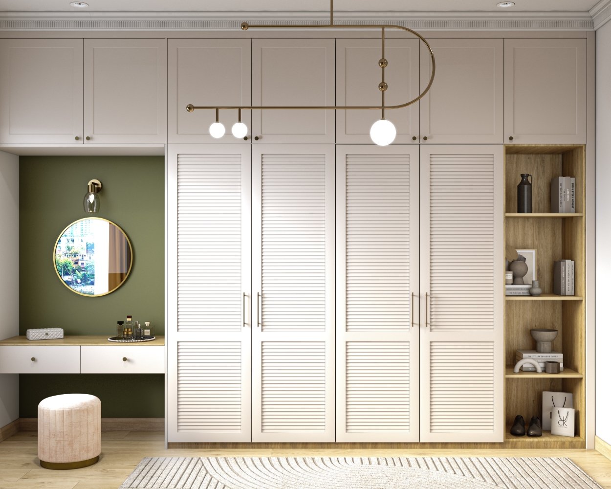Contemporary 4-Door Swing Wardrobe Design with Louvered Doors