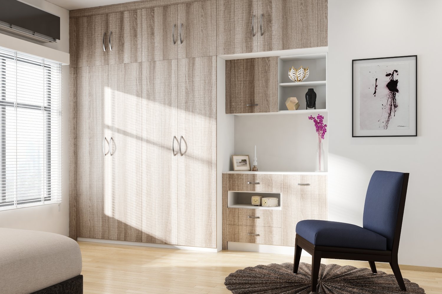 Modern 4-Door Swing Wardrobe Design with Suede Laminate Shutters